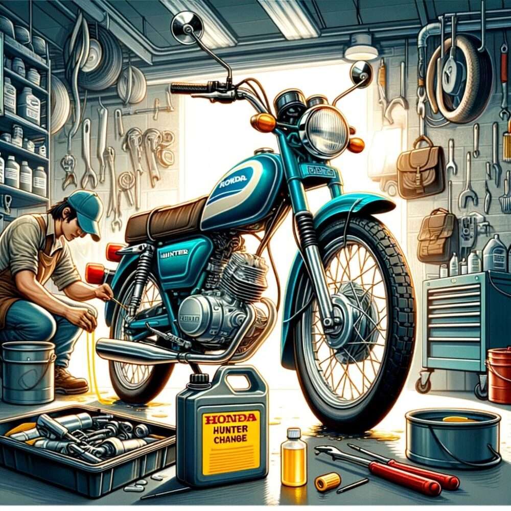 オイル交換を行うバイクメカニックを描いたイラスト